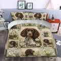 Boykin Spaniel duvet cover styled in a bedroom with daisy panels, garden watering cans, and rustic charm