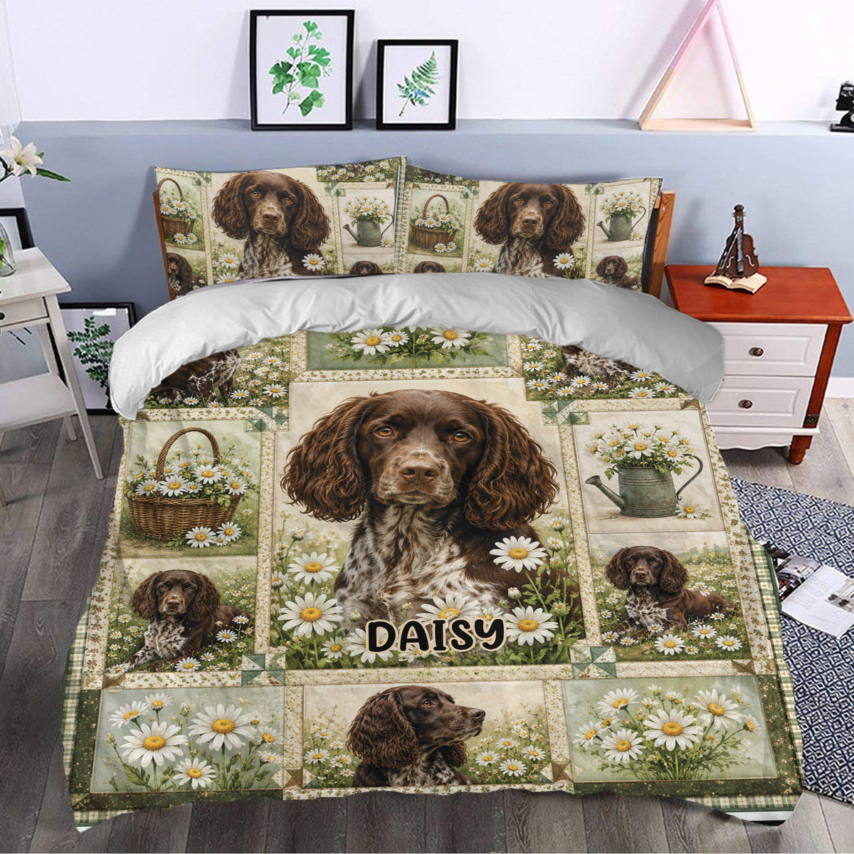 Boykin Spaniel duvet cover styled in a bedroom with daisy panels, garden watering cans, and rustic charm