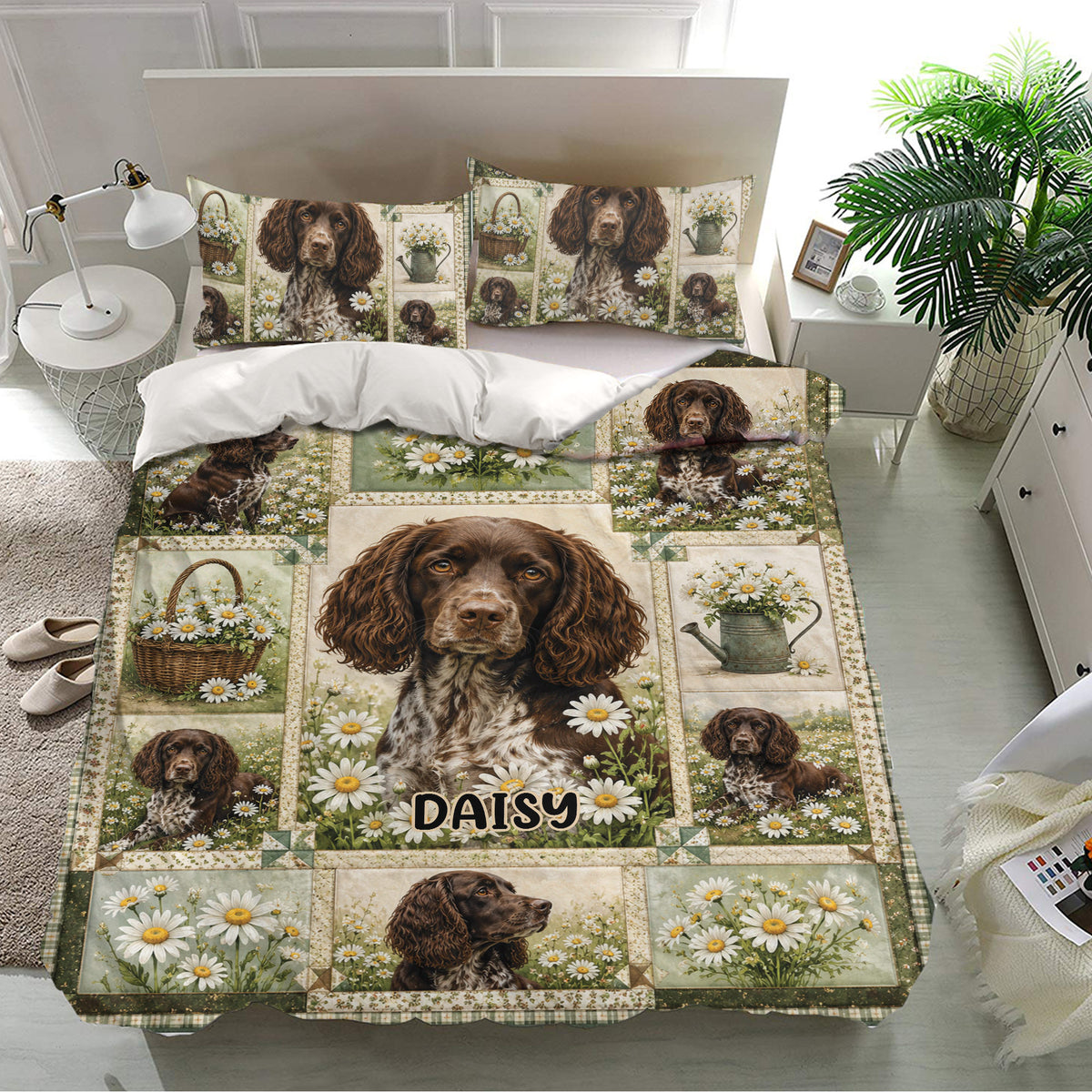 Boykin Spaniel bedding set in a bright bedroom featuring floral portraits, garden details, and earthy green tones