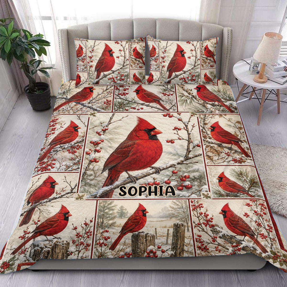 Cardinal duvet cover set displayed on a bed with red birds, snowy branches, and winter berry panels