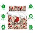 Cardinal bedding set presentation with matching pillowcases, snowy bird artwork, and breathable fabric feature icons