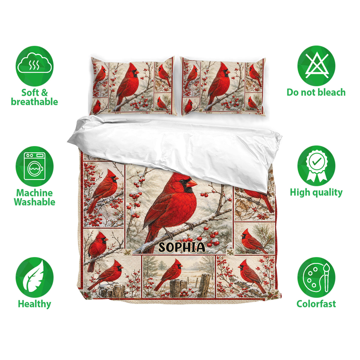 Cardinal bedding set presentation with matching pillowcases, snowy bird artwork, and breathable fabric feature icons