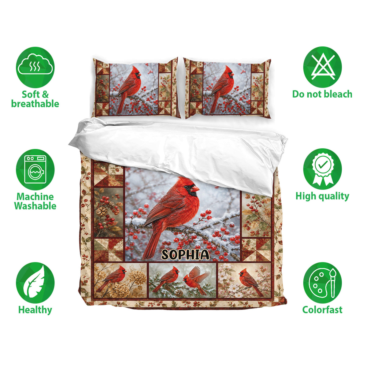 Cardinal bedding set with printed pillowcases and duvet cover shown with soft, breathable fabric icons