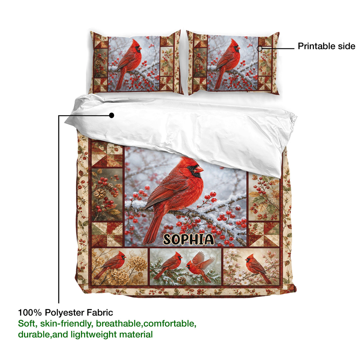 Cardinal duvet cover bedding set showing the printed side, fabric detail, and red bird artwork