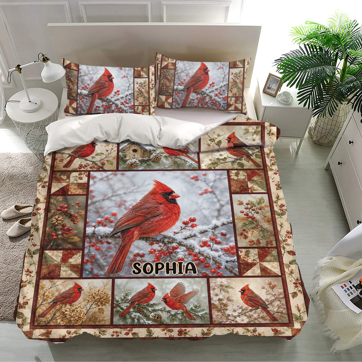 Cardinal bedding set in a bright bedroom featuring red bird artwork, berry branches, and coordinated pillowcases