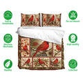 Cardinal bedding set shown with matching pillowcases and a vintage woodland bird design