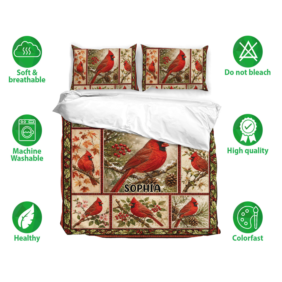 Cardinal bedding set shown with matching pillowcases and a vintage woodland bird design