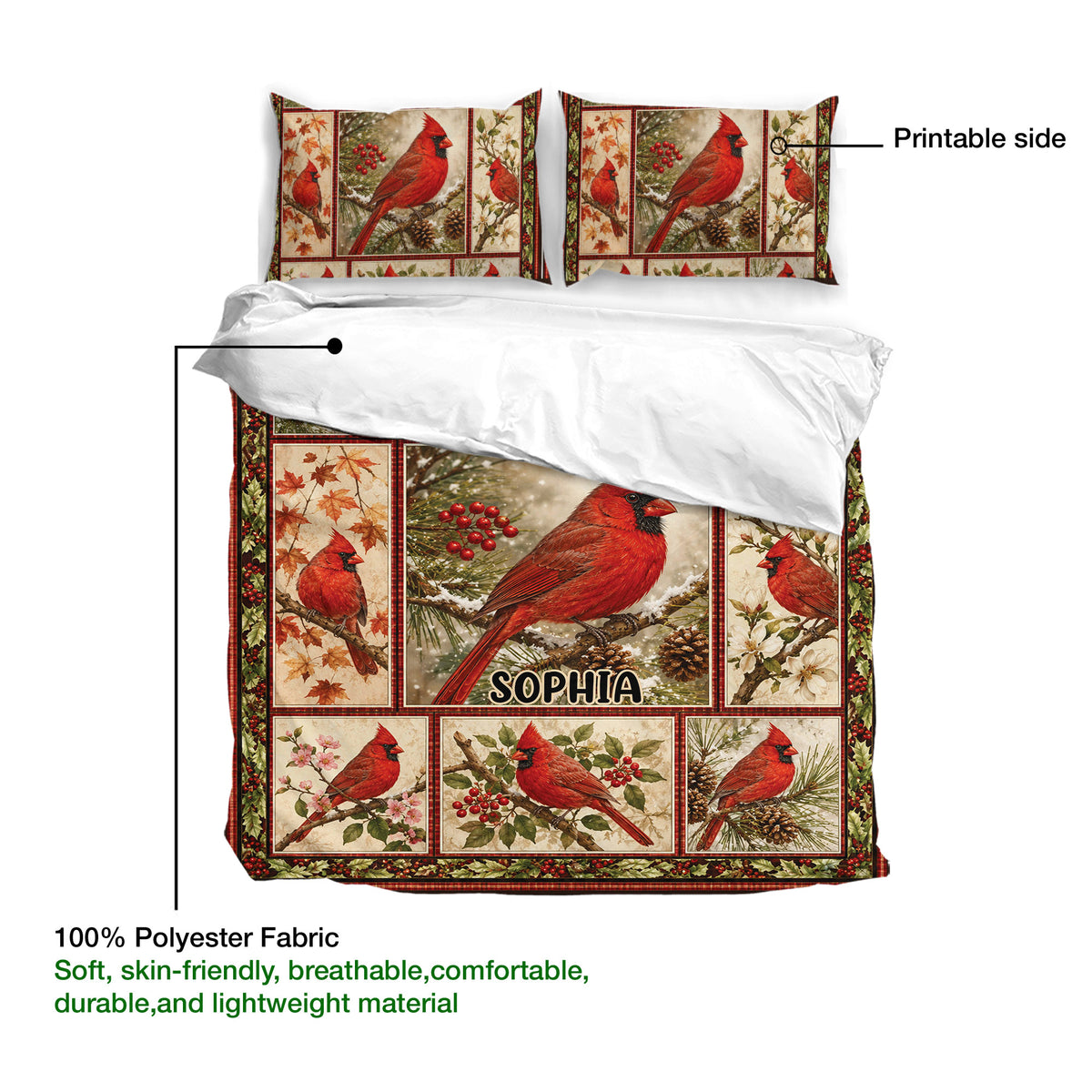 Cardinal duvet cover bedding set detail with printable surface and soft polyester fabric callouts