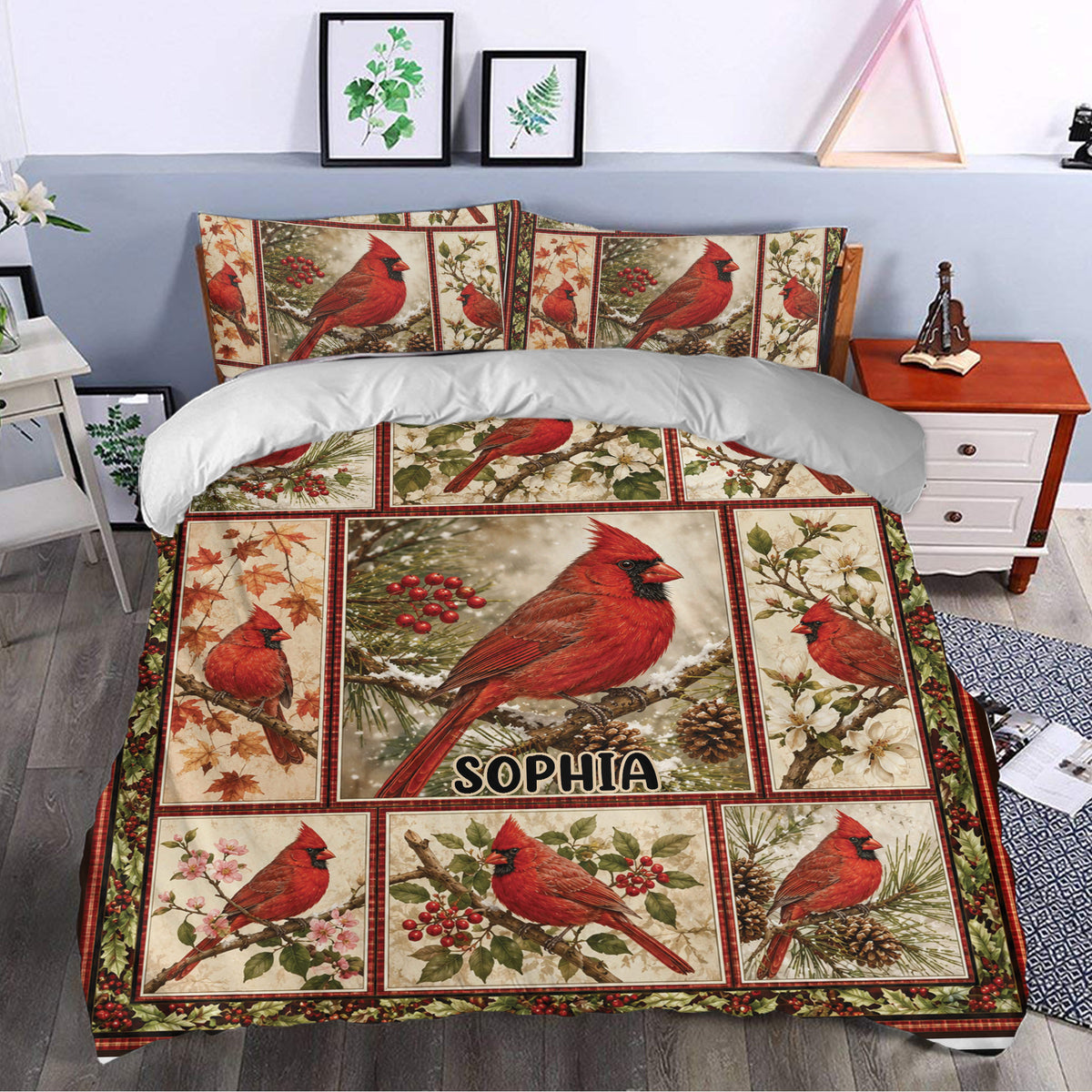 Cardinal duvet cover styled in a bedroom with red birds, holly, berries, and seasonal botanical artwork