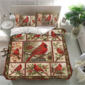 Cardinal bedding set presented in a bright bedroom with matching bird pillows and rustic red plaid borders