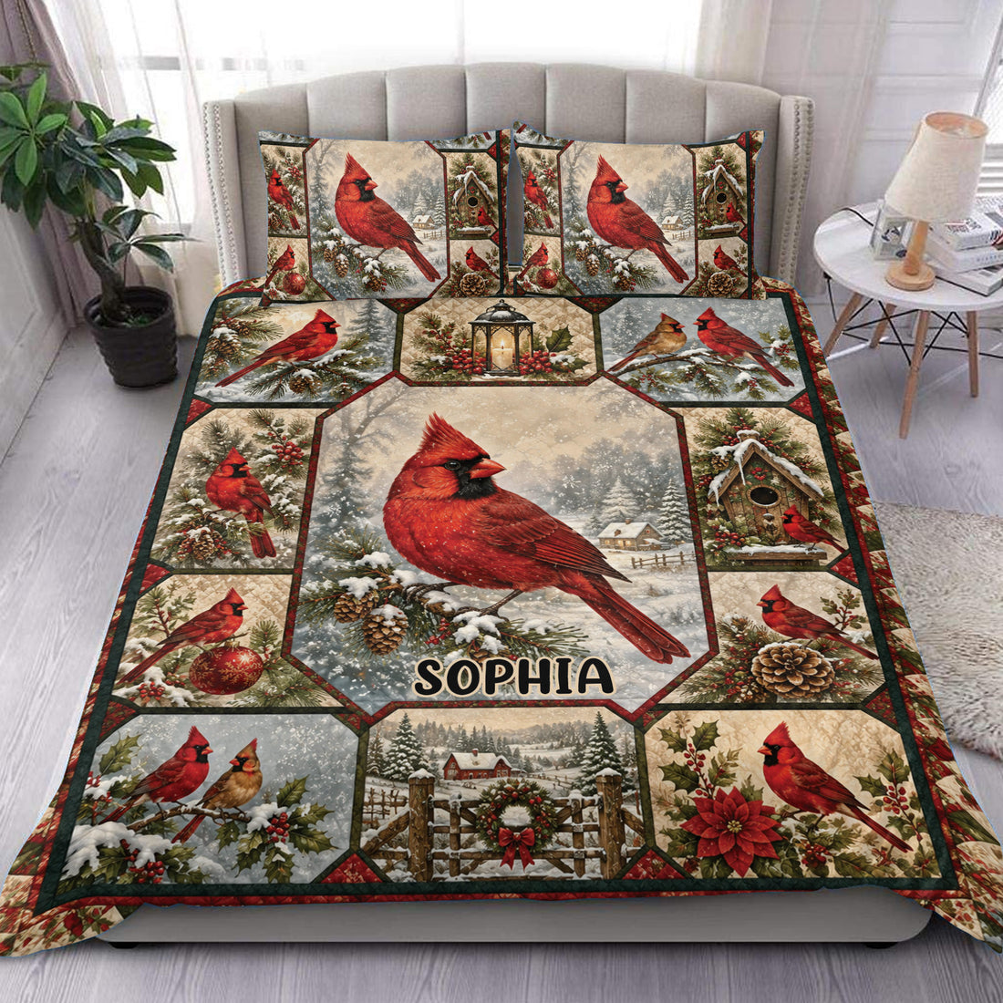 Cardinal duvet cover bedding set displayed on a bed with red birds, snowy evergreens, birdhouses, and festive winter details.
