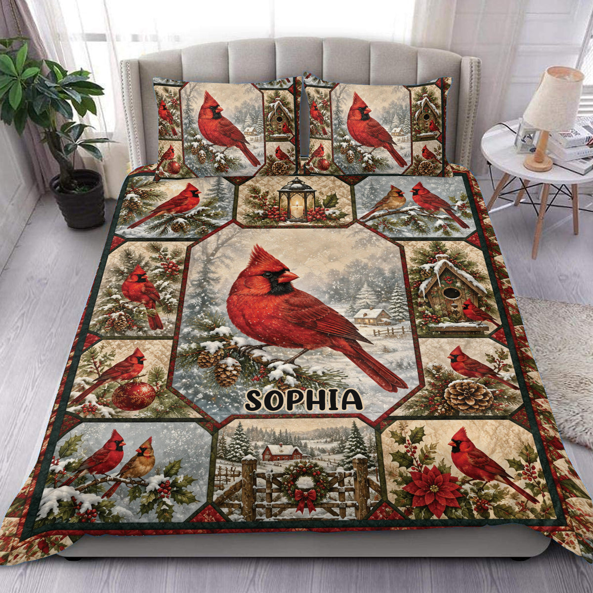 Cardinal duvet cover bedding set displayed on a bed with red birds, snowy evergreens, birdhouses, and festive winter details.