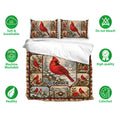 Cardinal bedding set shown with matching pillowcases, snowy bird scenes, holly, pinecones, and red Christmas accents.
