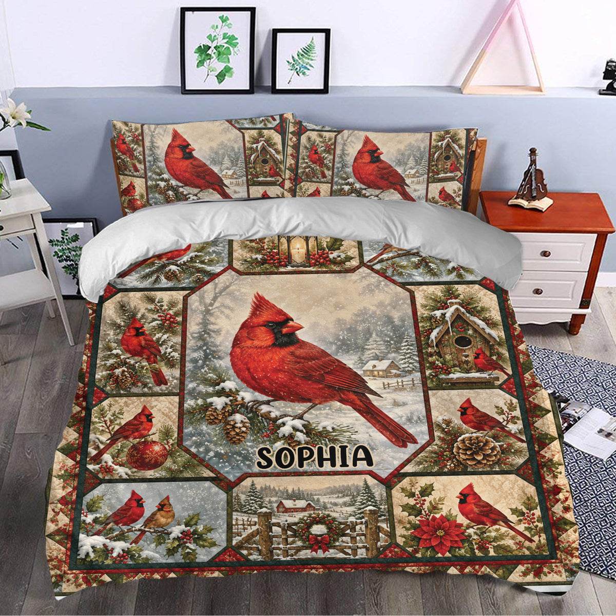 Cardinal duvet cover styled in a bedroom with red birds, snowy scenery, birdhouses, holly, and rustic Christmas decor.