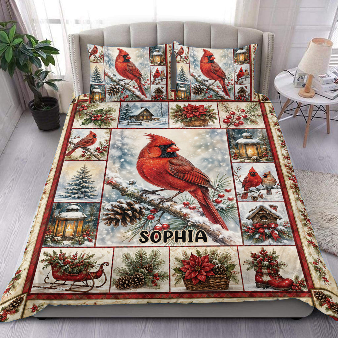 Cardinal duvet cover set displayed on a bed with snowy winter scenes, lanterns, berries, and holiday greenery