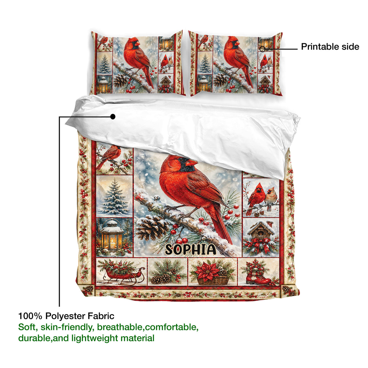 Cardinal duvet cover bedding set with printable artwork and soft 100% polyester fabric detail