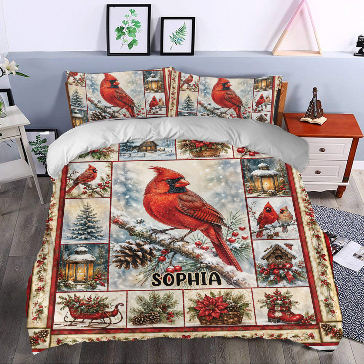 Cardinal duvet cover styled in a bedroom with snowy branches, lanterns, berries, and seasonal greenery