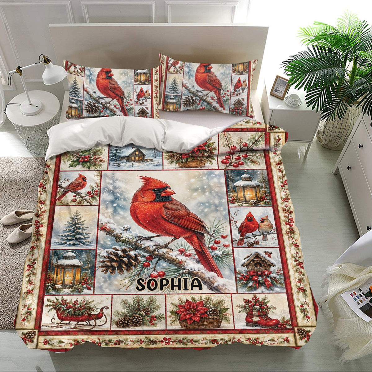 Winter cardinal bedding set displayed on a modern bed with matching pillowcases and festive woodland artwork