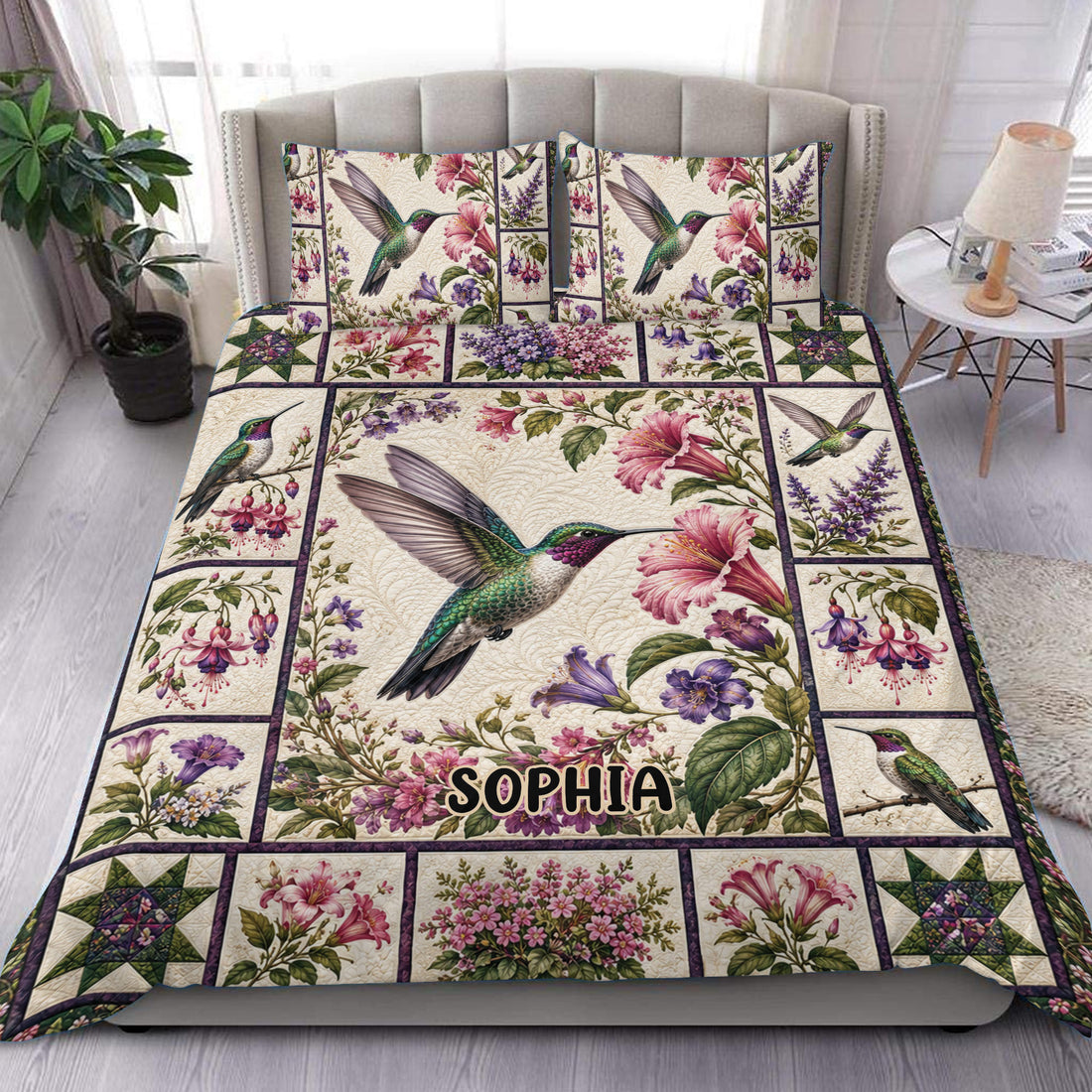 Hummingbird duvet cover set displayed on a bed with colorful flowers, botanical panels, and matching pillowcases