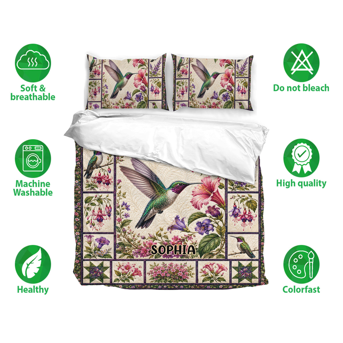 Floral hummingbird bedding set shown with matching pillowcases and a soft botanical bedroom design