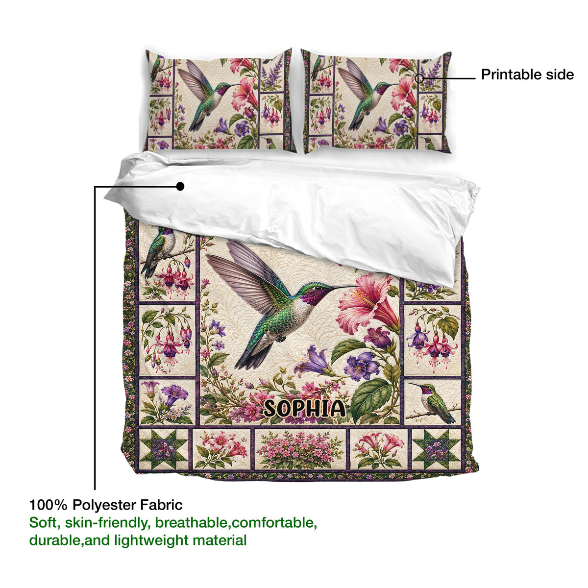 Hummingbird duvet cover set with detailed floral artwork, botanical borders, and matching pillowcases