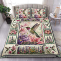 Hummingbird duvet cover design with colorful flowers, botanical panels, and a custom center name area