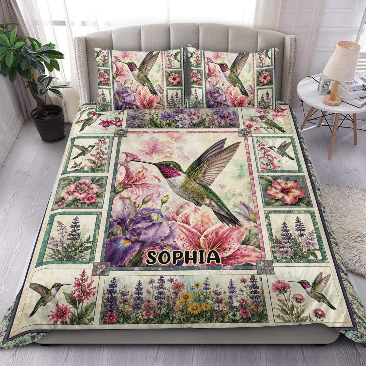 Hummingbird duvet cover design with colorful flowers, botanical panels, and a custom center name area