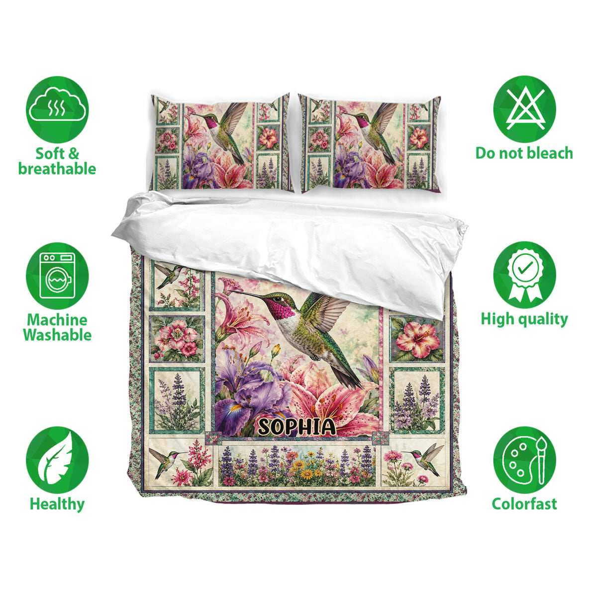 Hummingbird bedding set displayed with matching floral pillowcases in a detailed botanical pattern