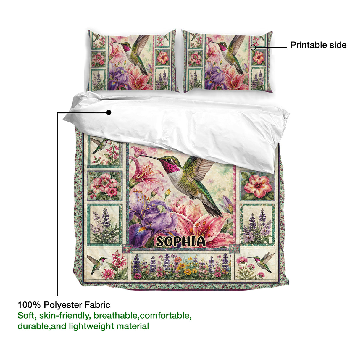 Hummingbird duvet cover set showing the printed side, floral artwork, and lightweight polyester fabric
