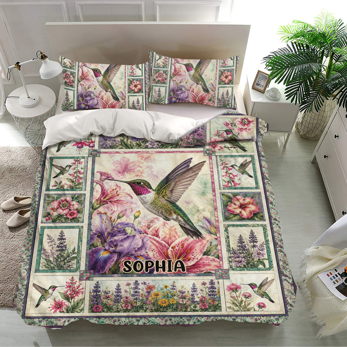 Floral hummingbird duvet cover set displayed on a bright bedroom bed with matching pillowcases