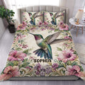 Hummingbird duvet cover set with pink hibiscus flowers and vintage botanical bedroom decor