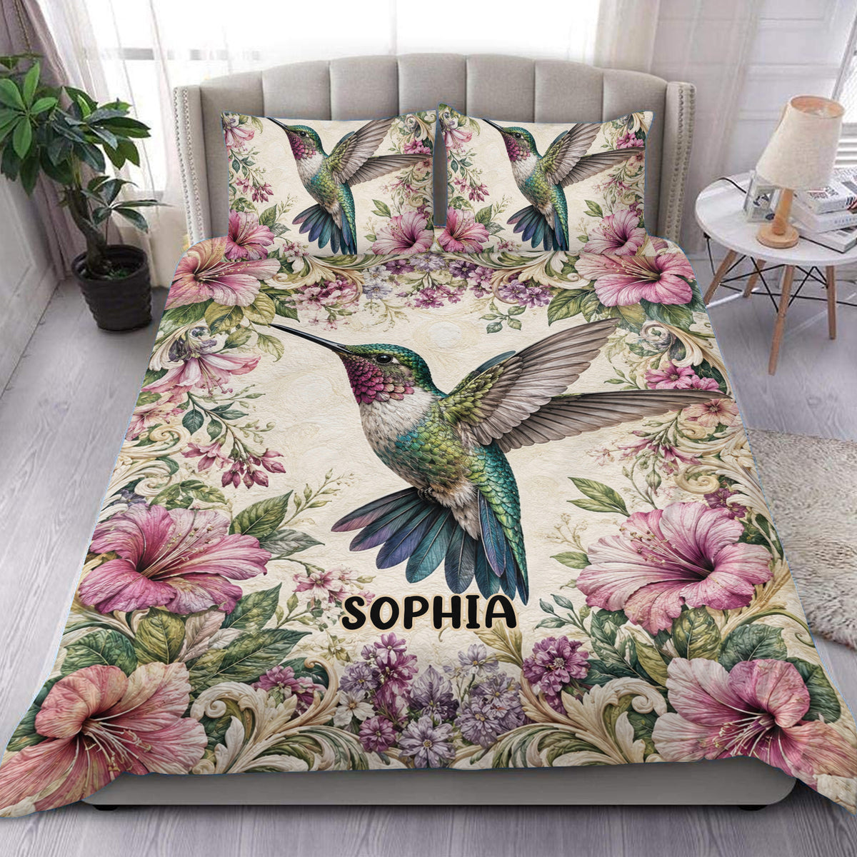 Hummingbird duvet cover set with pink hibiscus flowers and vintage botanical bedroom decor