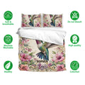 Hummingbird bedding set displayed with matching pillowcases, floral artwork, and soft breathable fabric icons