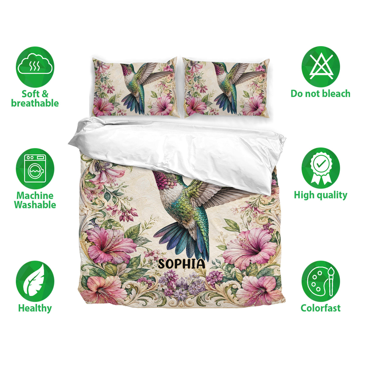 Hummingbird bedding set displayed with matching pillowcases, floral artwork, and soft breathable fabric icons