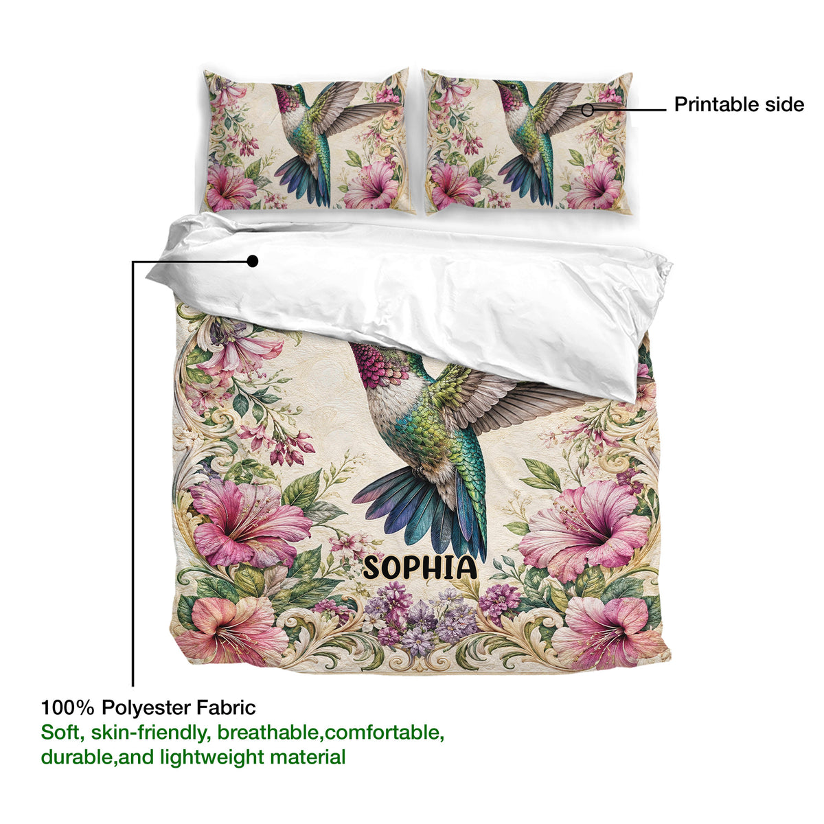 Hummingbird duvet cover set showing the printable floral design and soft polyester fabric detail