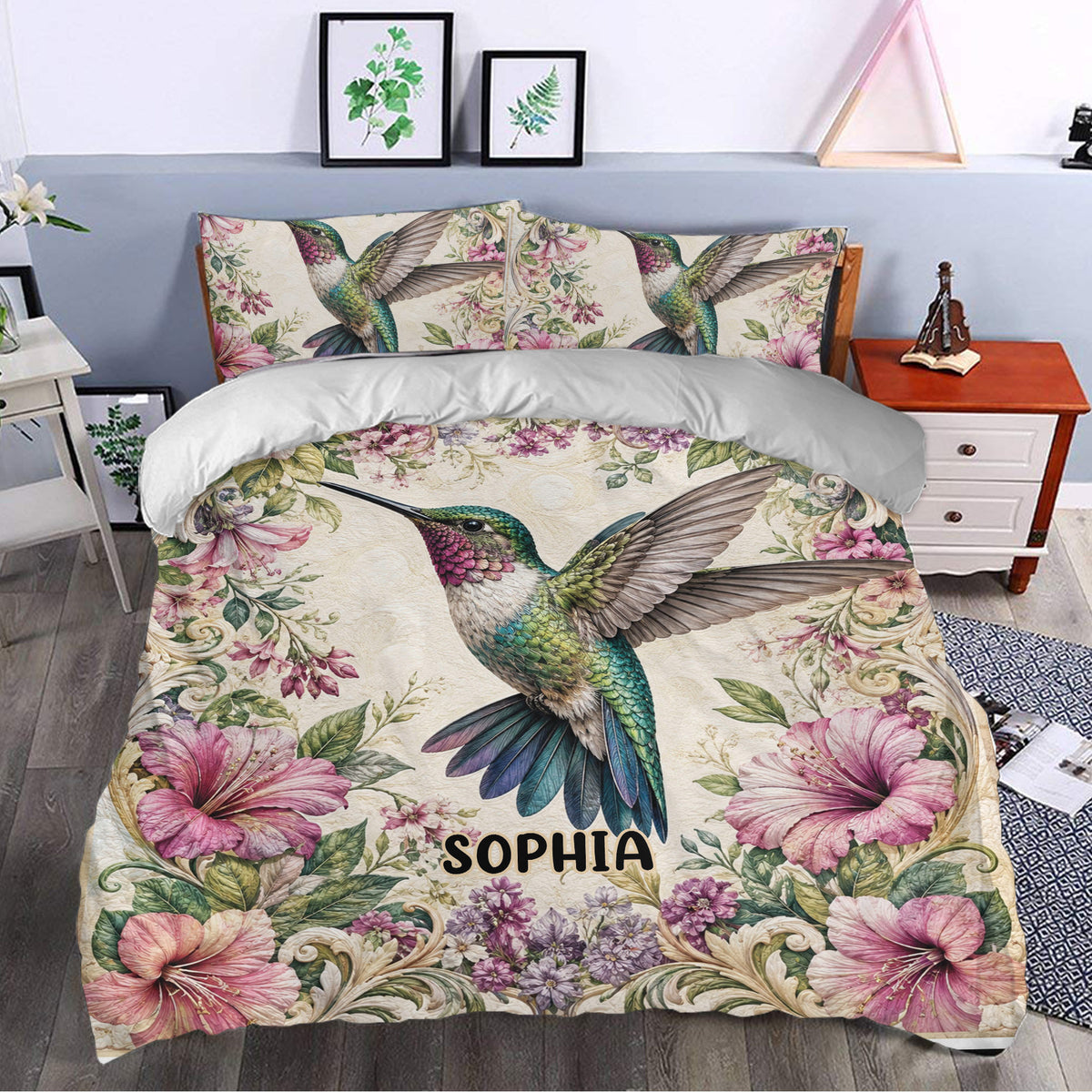 Hummingbird bedding set styled in a bedroom with colorful flowers and elegant botanical decor