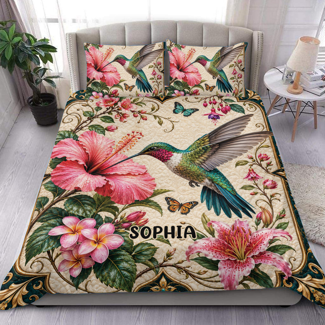 Hummingbird duvet cover set displayed on a bed with hibiscus flowers, butterflies, and ornate tropical details