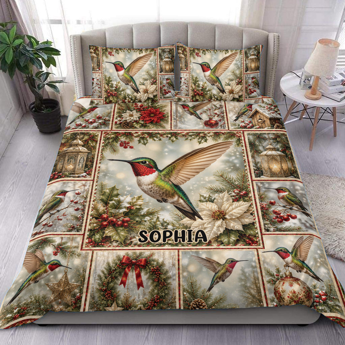 Hummingbird duvet cover set displayed on a bed with festive greenery, poinsettias, lanterns, and berries