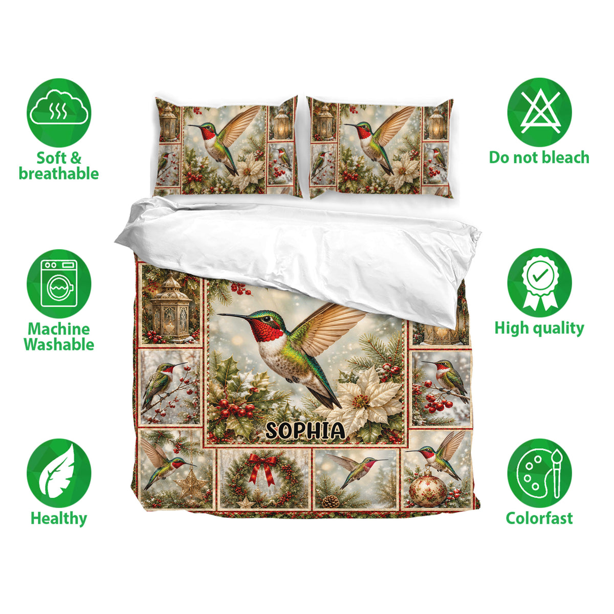 Hummingbird bedding set shown with matching pillowcases and a festive Christmas bird design