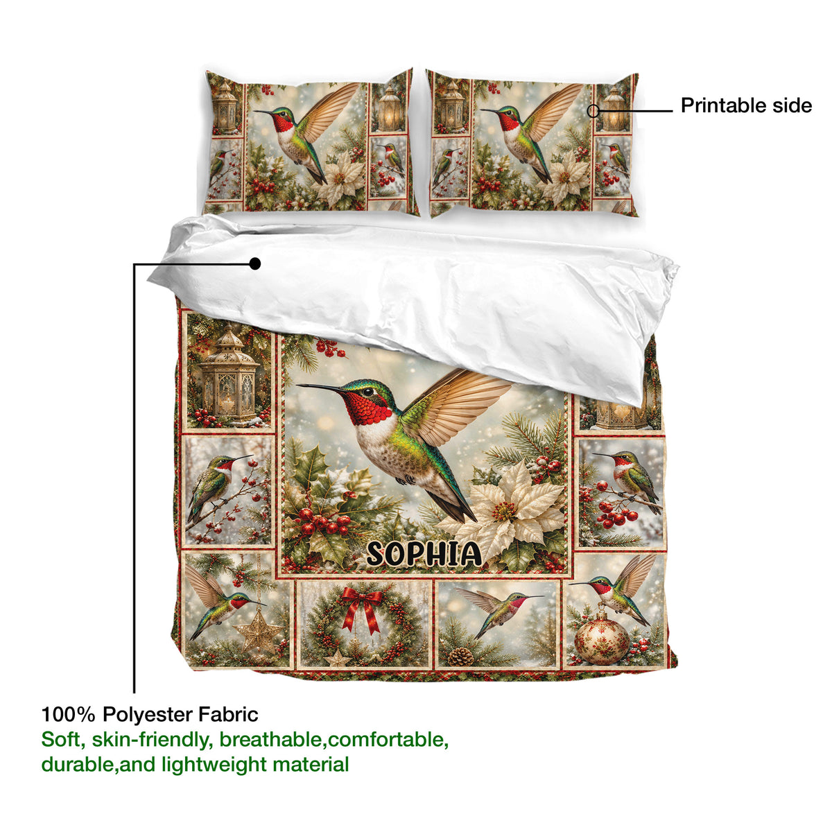 Hummingbird duvet cover and pillowcases shown with a printed side and soft polyester fabric details