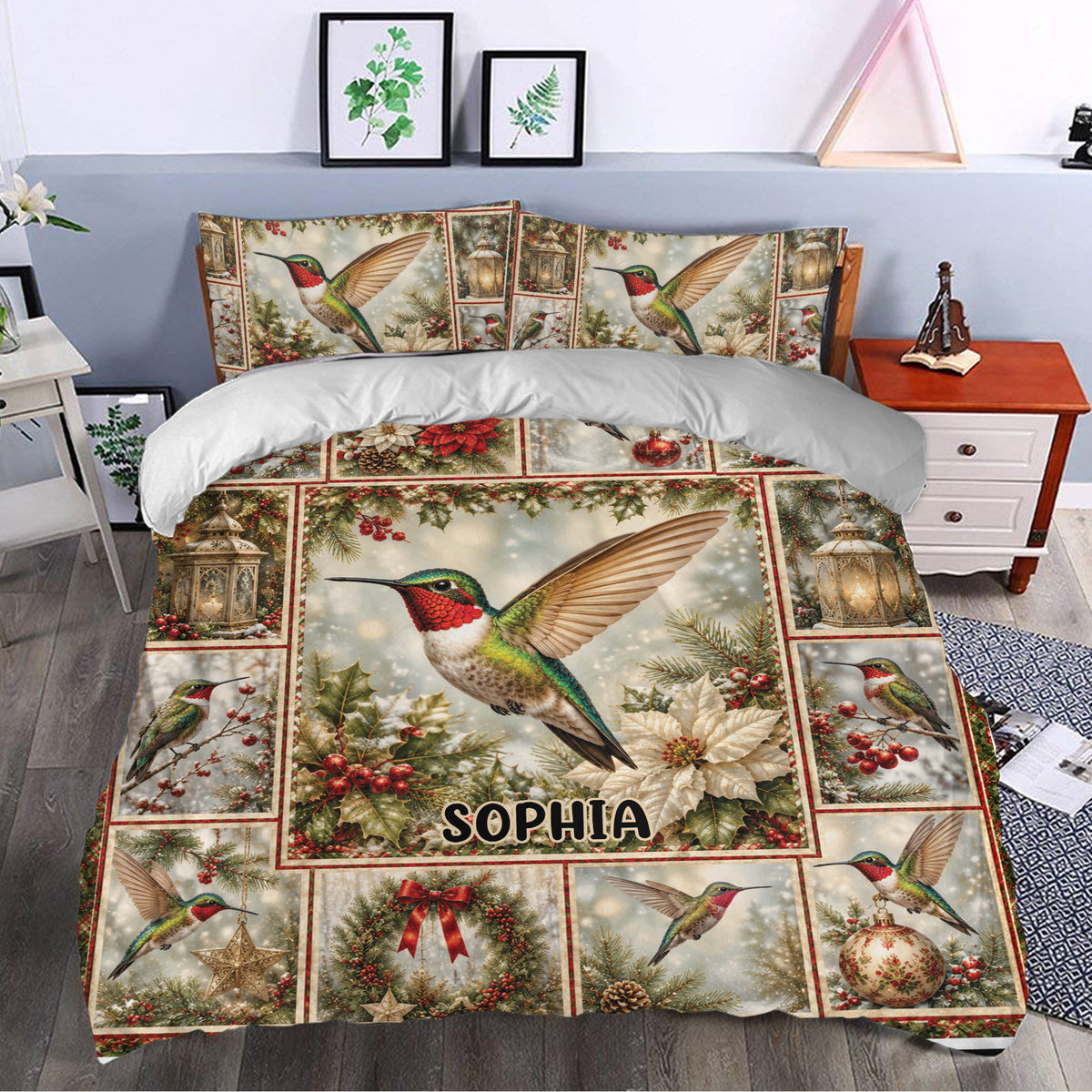 Christmas hummingbird duvet cover set styled in a bedroom with poinsettias, lanterns, berries, and greenery