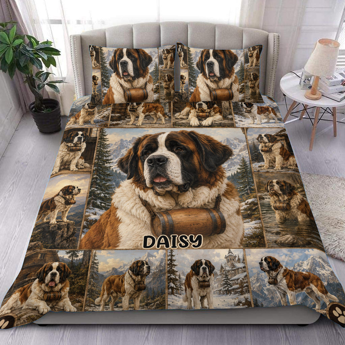 Saint Bernard duvet cover set with mountain scenes, multiple dogs, and rustic brown outdoor artwork