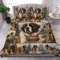 Saint Bernard duvet cover set with mountain scenes, multiple dogs, and rustic brown outdoor artwork