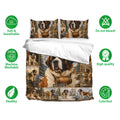 Saint Bernard bedding set displayed with matching pillowcases and soft breathable fabric feature icons