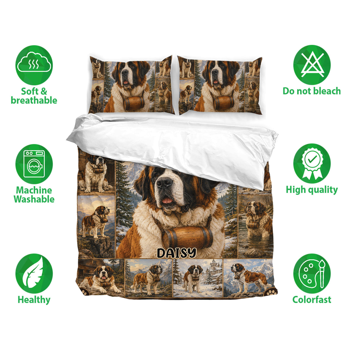 Saint Bernard bedding set displayed with matching pillowcases and soft breathable fabric feature icons