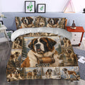 Saint Bernard duvet cover set styled in a bedroom with rustic mountain dog artwork and matching pillows