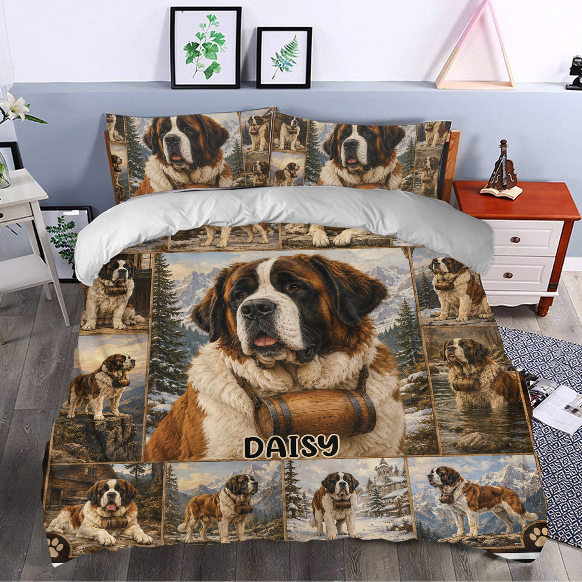Saint Bernard duvet cover set styled in a bedroom with rustic mountain dog artwork and matching pillows