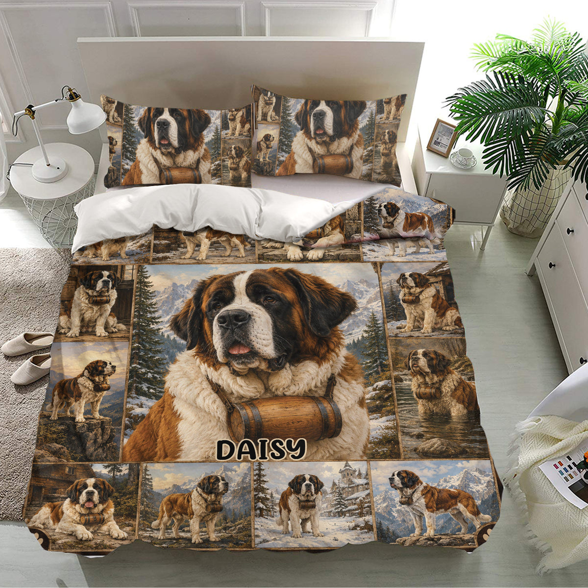 Saint Bernard bedding set presented in a bright bedroom with scenic dog artwork and matching pillowcases