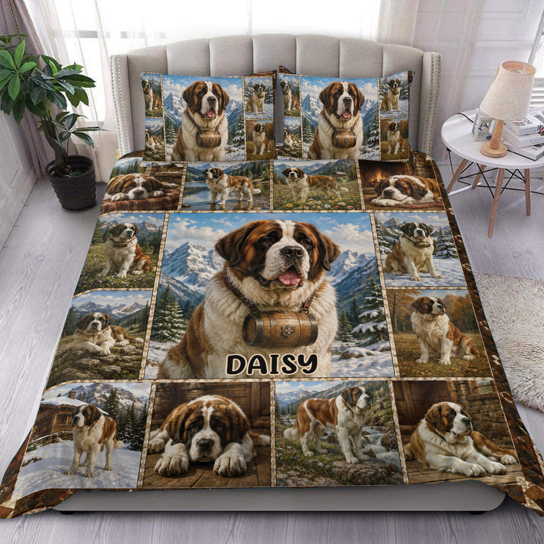 Saint Bernard duvet cover set displayed on a bed with mountain scenes and multiple dog portraits