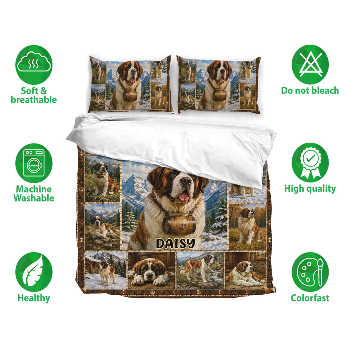 Saint Bernard bedding set shown with two printed pillowcases and breathable, machine-washable fabric icons